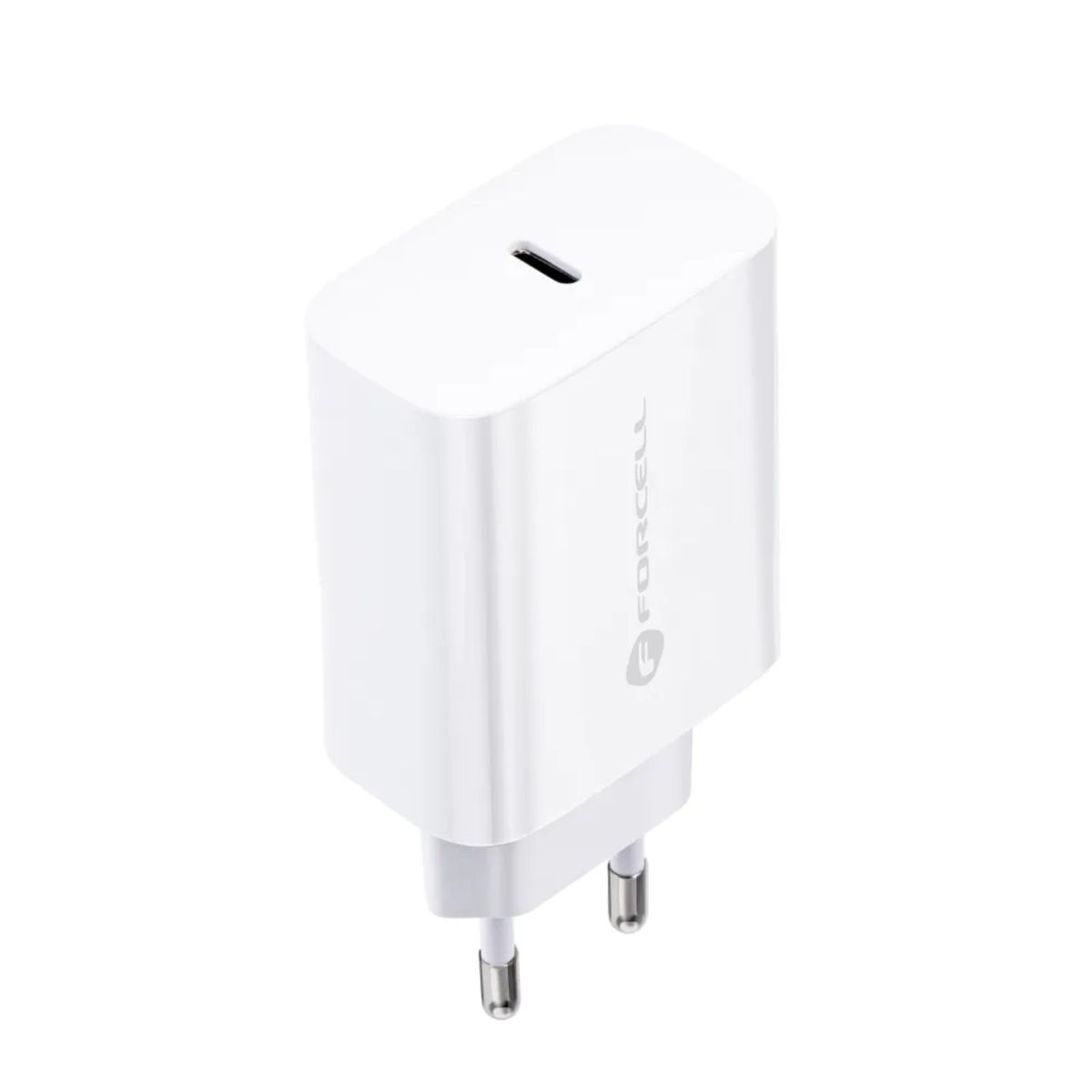 Ein weißes Netzteil. Es hat einen USB-C-Anschluss und zwei Stifte für eine Steckdose.