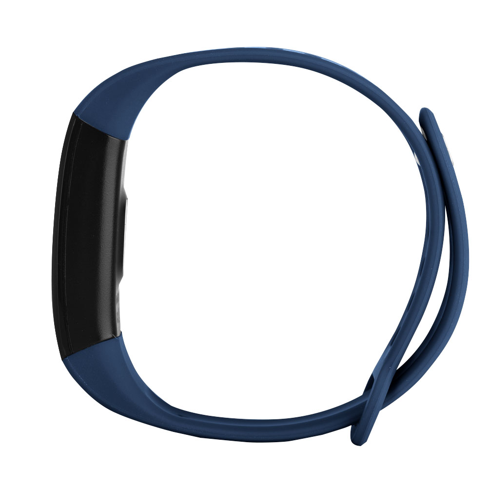 Blaues Smartband, Fitness-Tracker mit geschwungenem Design, schwarzem Display und blauem Band.