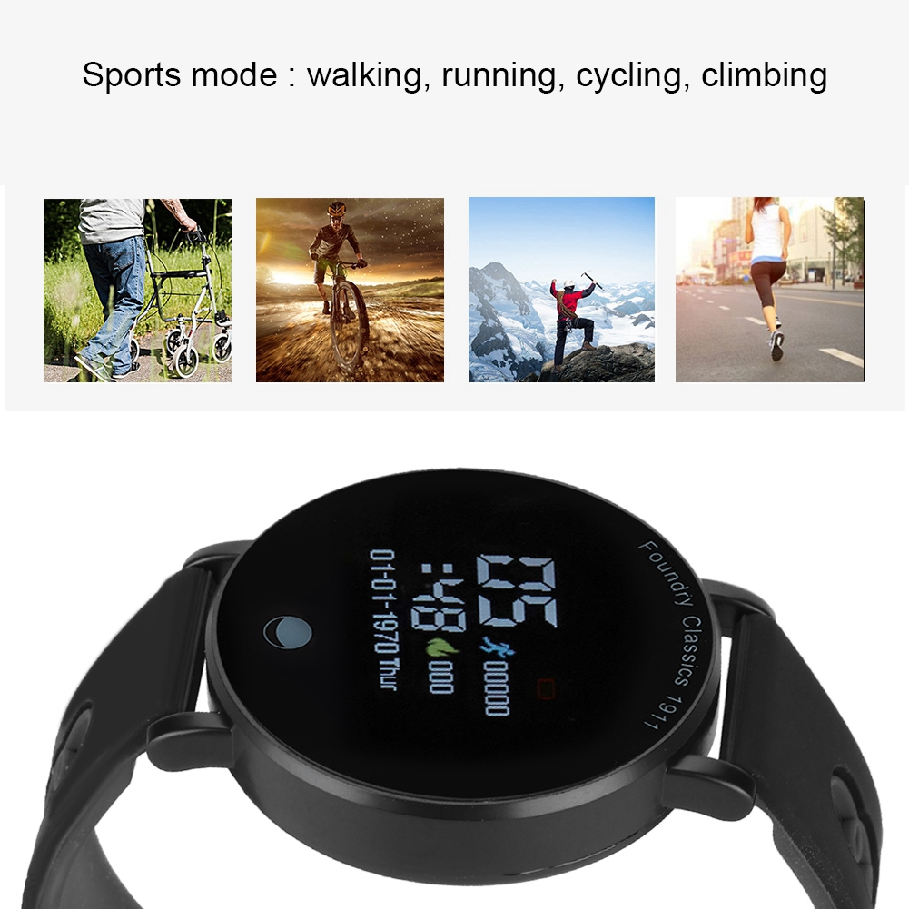 Eine schwarze Smartwatch mit schwarzem Armband. Vier kleine Sportbilder befinden sich über der Uhr.