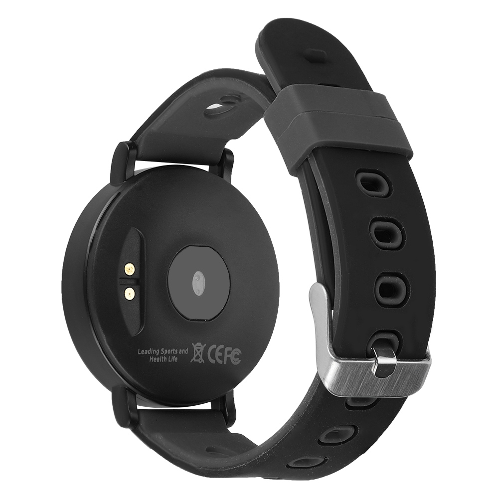 Schwarze Smartwatch, die die Rückseite mit Sensoren und ein schwarzes Armband mit silberner Schnalle zeigt.