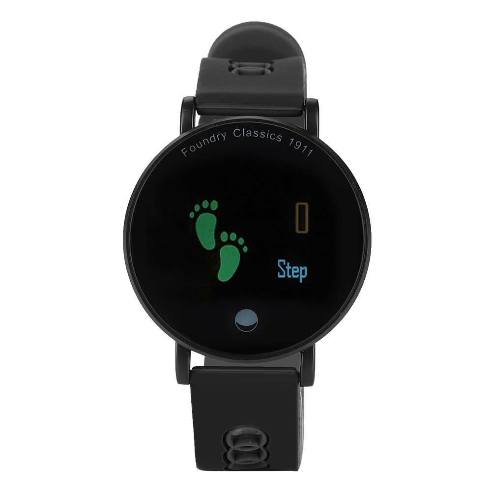Schwarze Smartwatch mit Digitalanzeige. Zeigt grüne Fußabdrücke und das Wort 'Step'.
