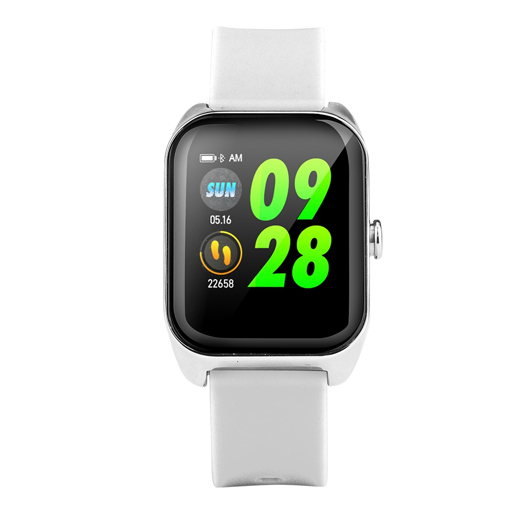 Eine weiße Smartwatch mit grüner Anzeige, die Datum und Uhrzeit anzeigt.