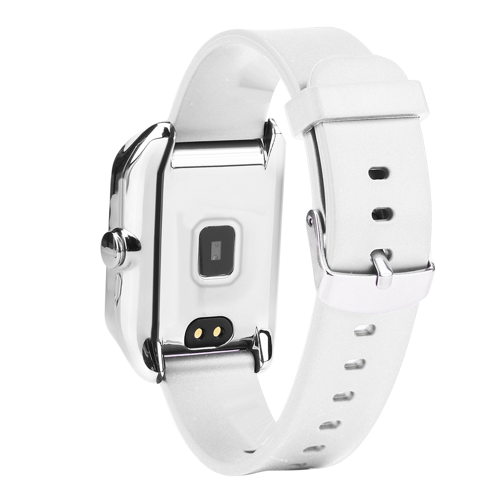 Eine weiße Smartwatch mit weißem Armband und silbernem Gehäuse. Die Rückseite hat einen Sensor.