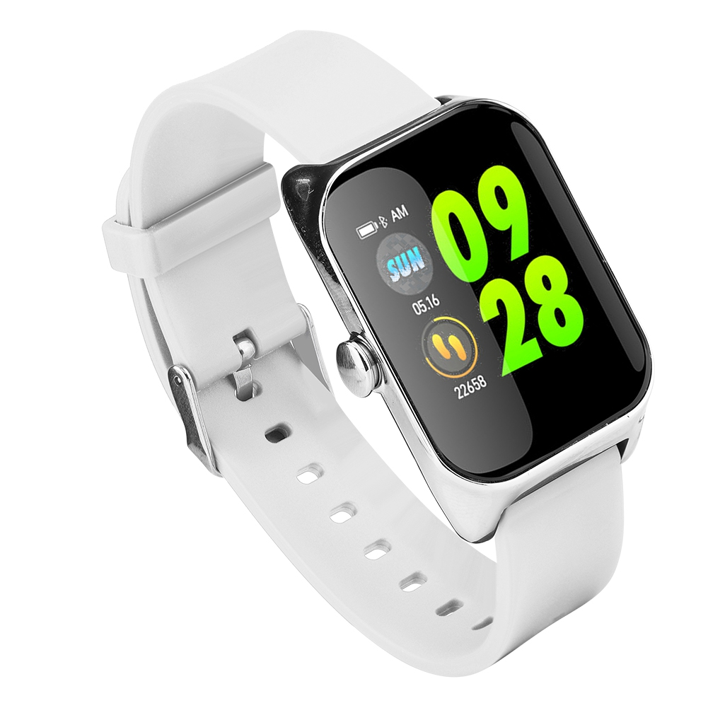 Weiße Smartwatch mit schwarzem Bildschirm, der die Zeit anzeigt. Weißes Armband.