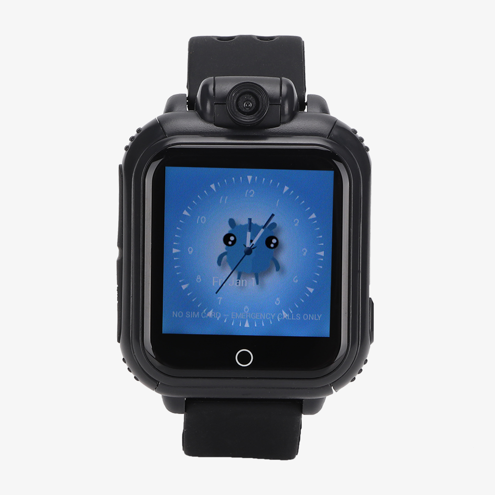 Eine schwarze Smartwatch, die einen Cartoon zeigt. Sie zeigt auch Datum und Uhrzeit. Keine SIM-Karte.