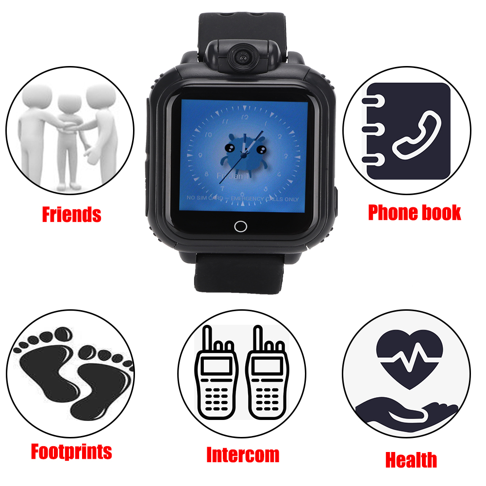 Eine Smartwatch mit Symbolen für Freunde, Telefonbuch, Fußabdrücke, Gegensprechanlage und Gesundheit. Weiße Figuren sind ebenfalls zu sehen.