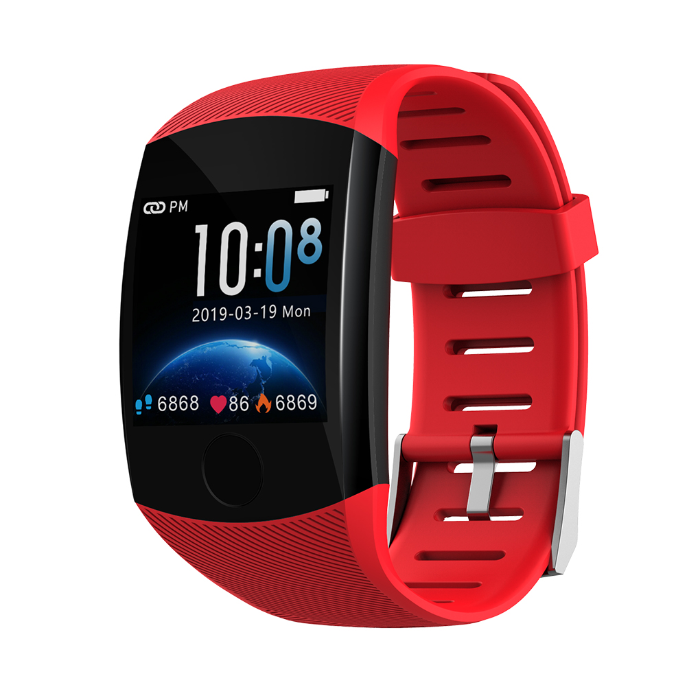 Rote Smartwatch, Anzeige von Zeit und Daten, auf weißem Hintergrund.