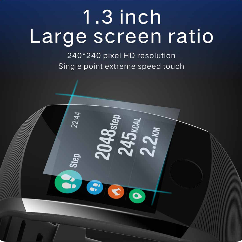 Ein Smartwatch-Bildschirm, der Schritte, Kalorien und Distanz anzeigt, mit einem großen Bildschirmverhältnis.