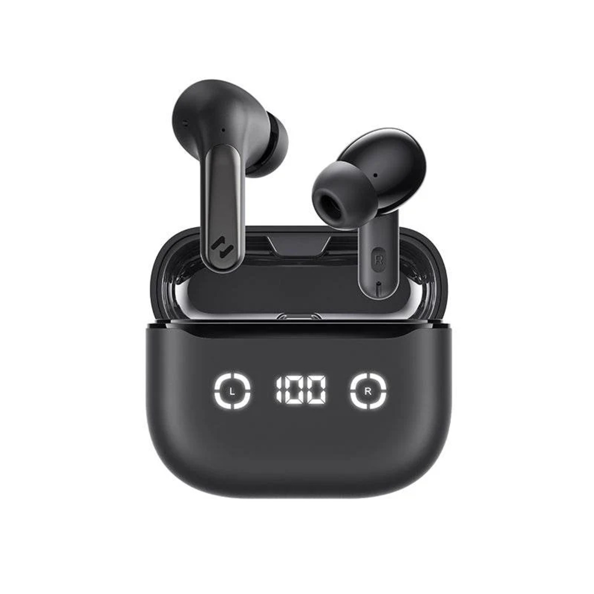 Auricolari wireless neri e custodia di ricarica. Schermo LED mostra la batteria.