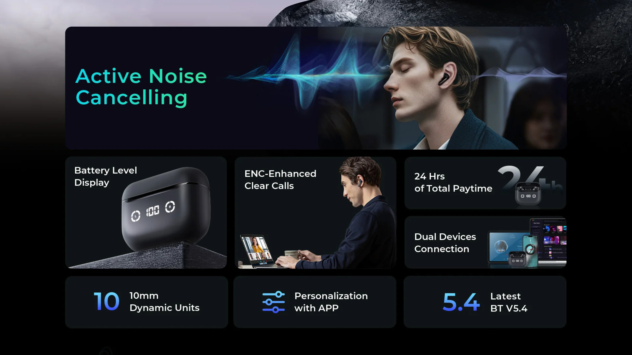 Uomo con auricolari. Cancellazione del rumore, livello batteria e connessione dual.