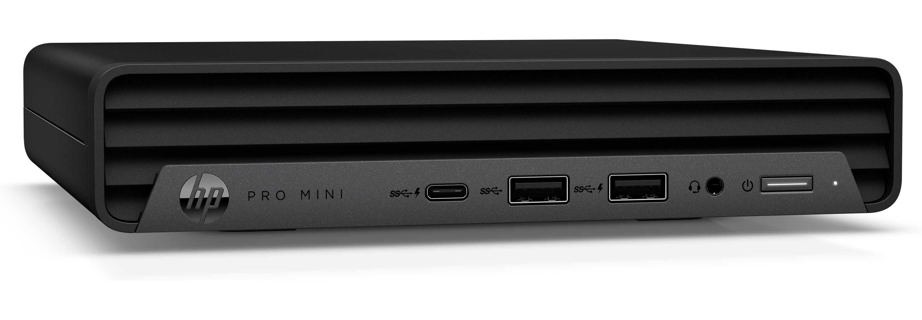Computer desktop HP Pro Mini nero, con porte frontali. Porte USB e audio visibili.