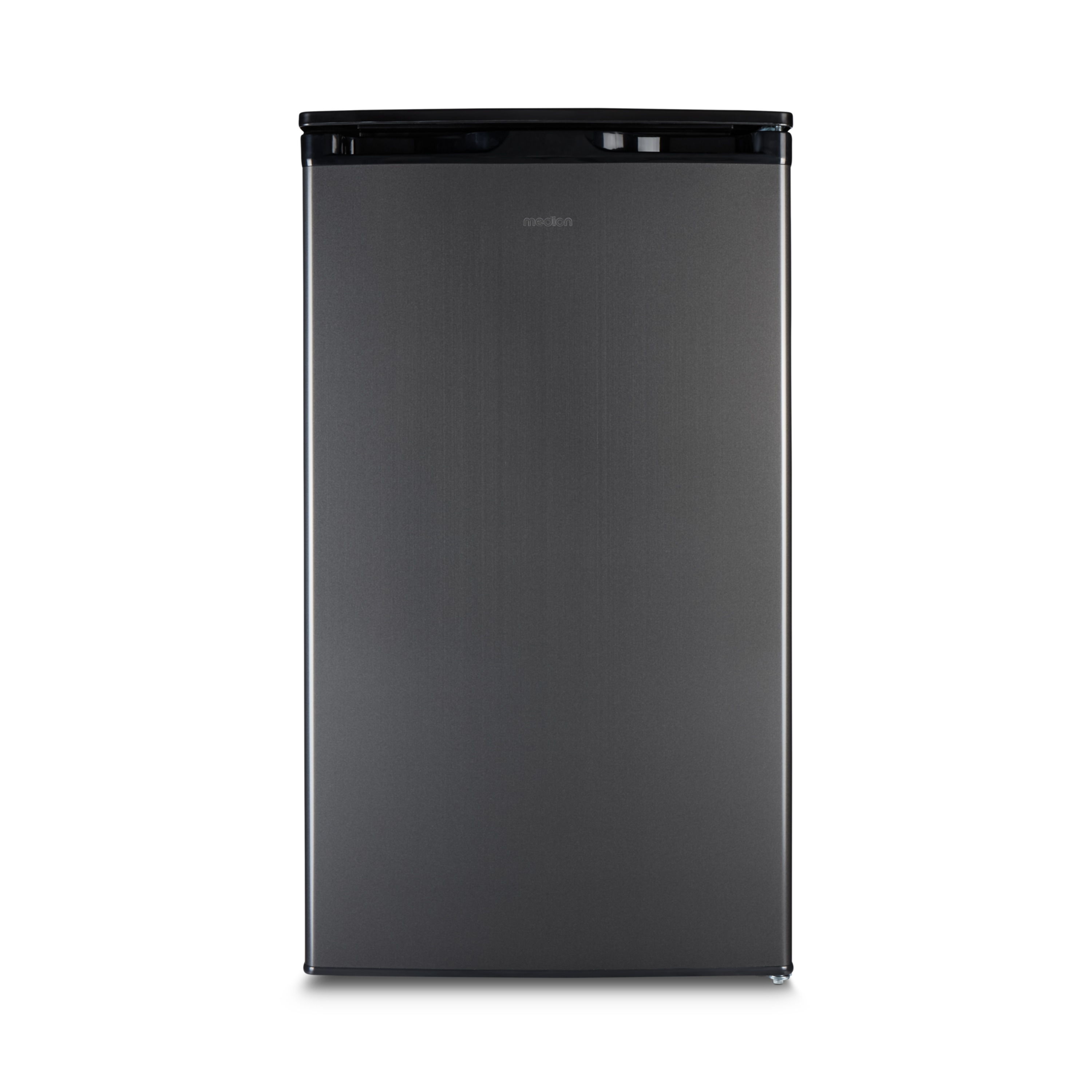 Dark grey refrigerator. Black top, silver handle. Solid, modern design, white background.