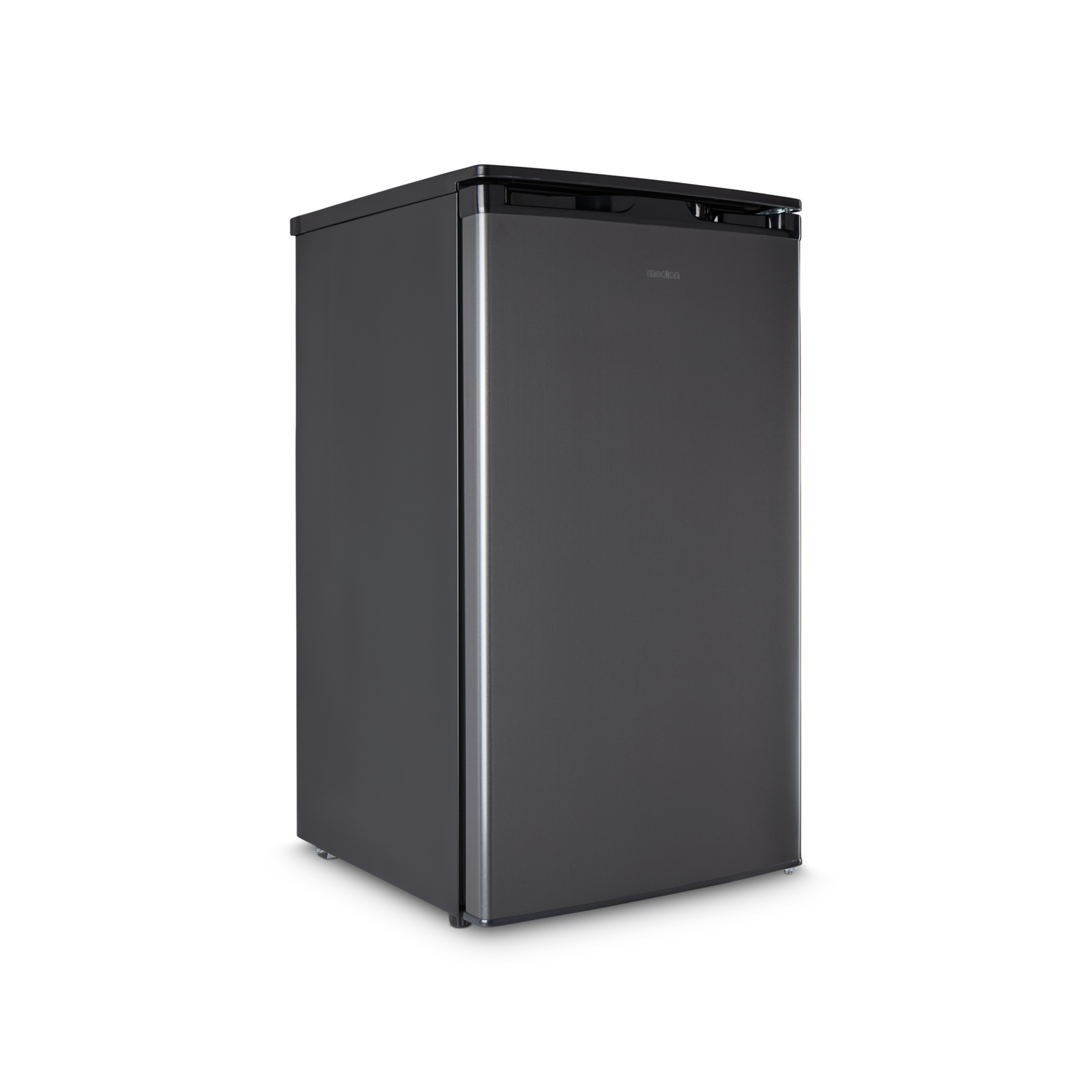 Black mini fridge, a small, single-door refrigerator with a handle and a dark finish.
