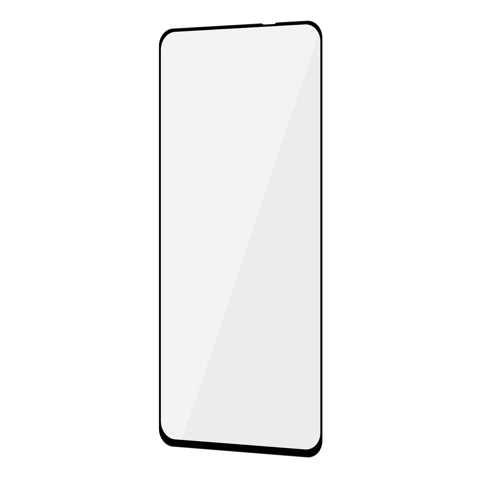 Una protezione per lo schermo dello smartphone. È un rettangolo con angoli arrotondati e un bordo nero. Lo sfondo è bianco.