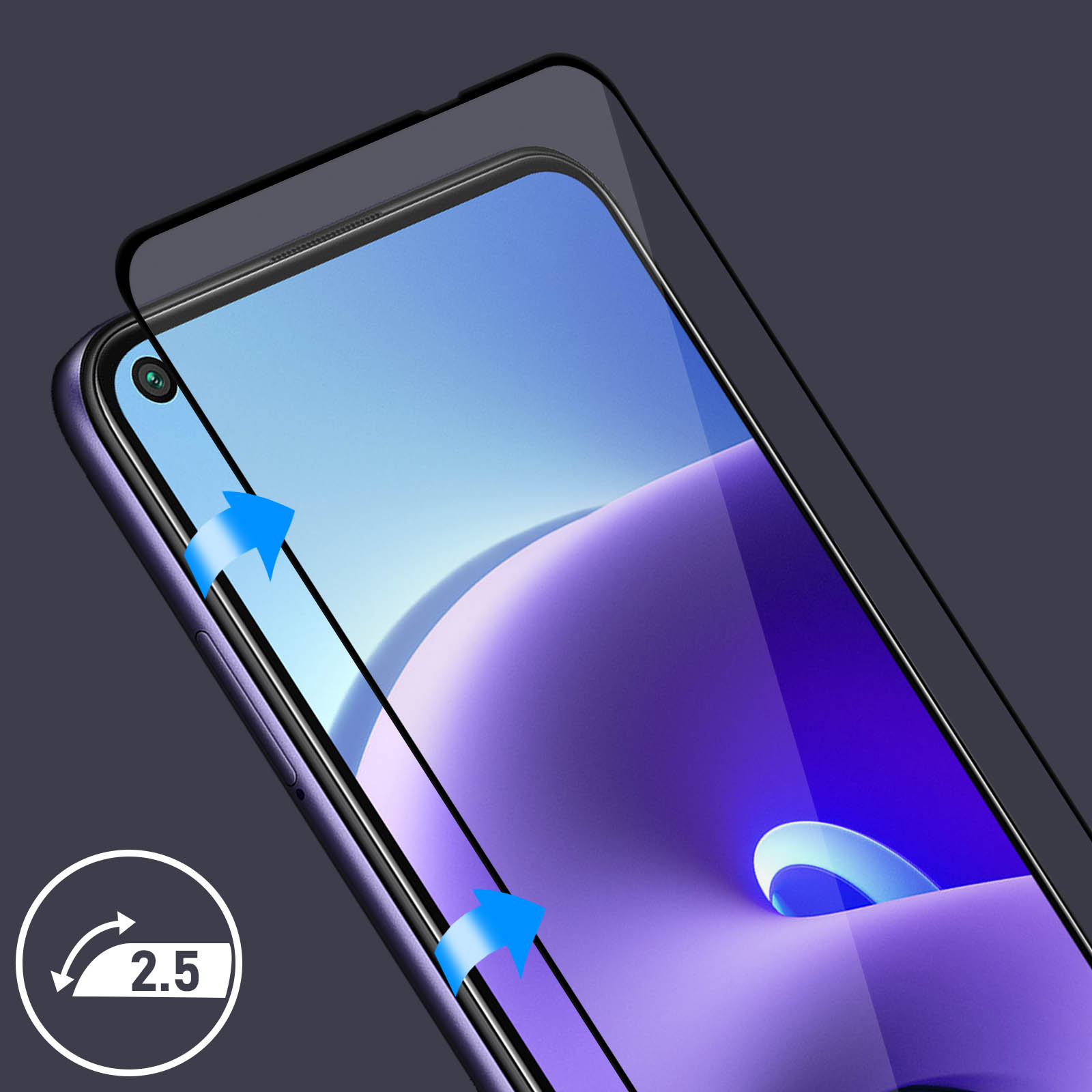 Pellicola protettiva per schermo del telefono con frecce blu, cerchio bianco con testo '2.5'. Telefono viola con sfondo sfumato.