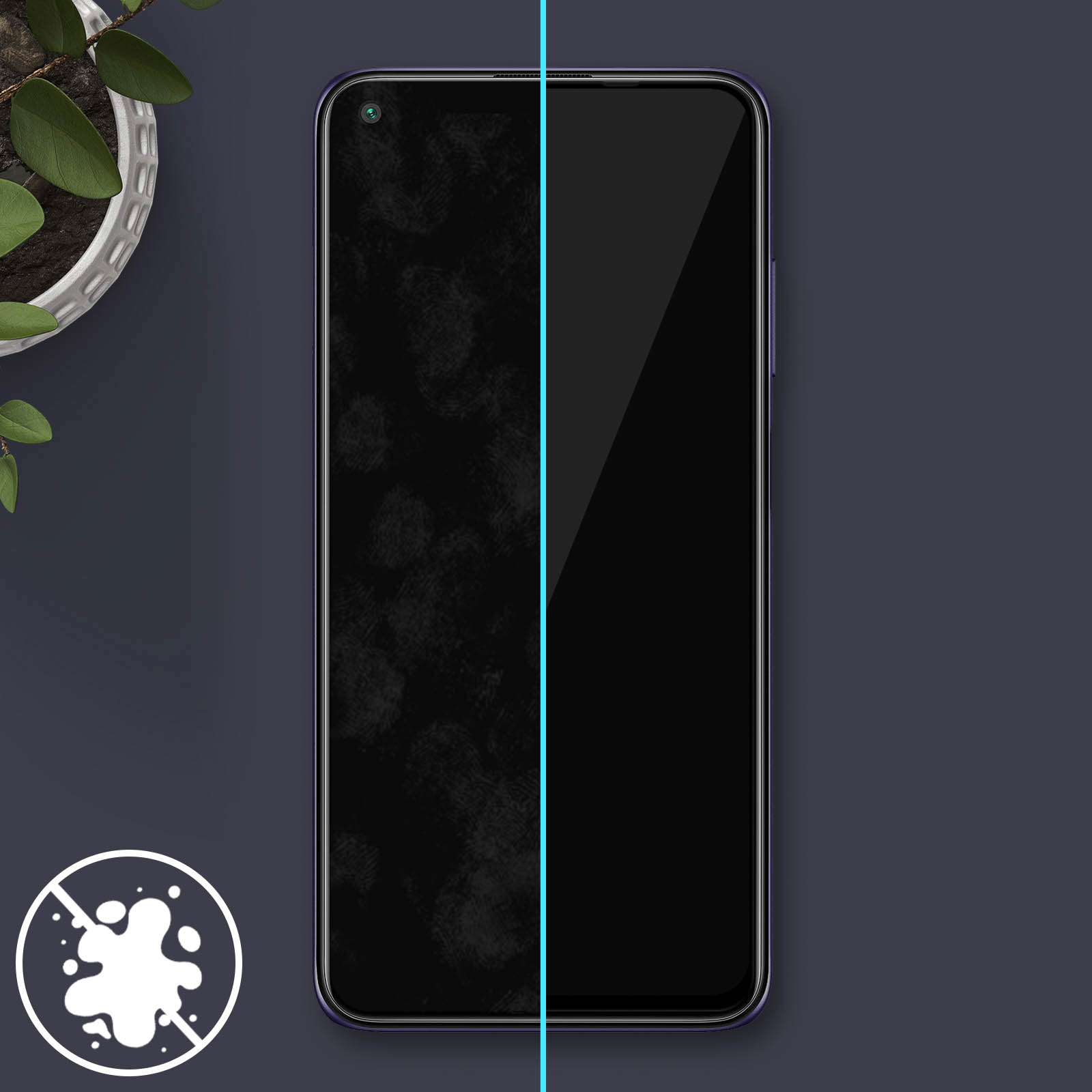Schermo di smartphone, metà coperto di impronte digitali, l'altra metà pulita. Una pianta e un'icona di spruzzo nelle vicinanze.