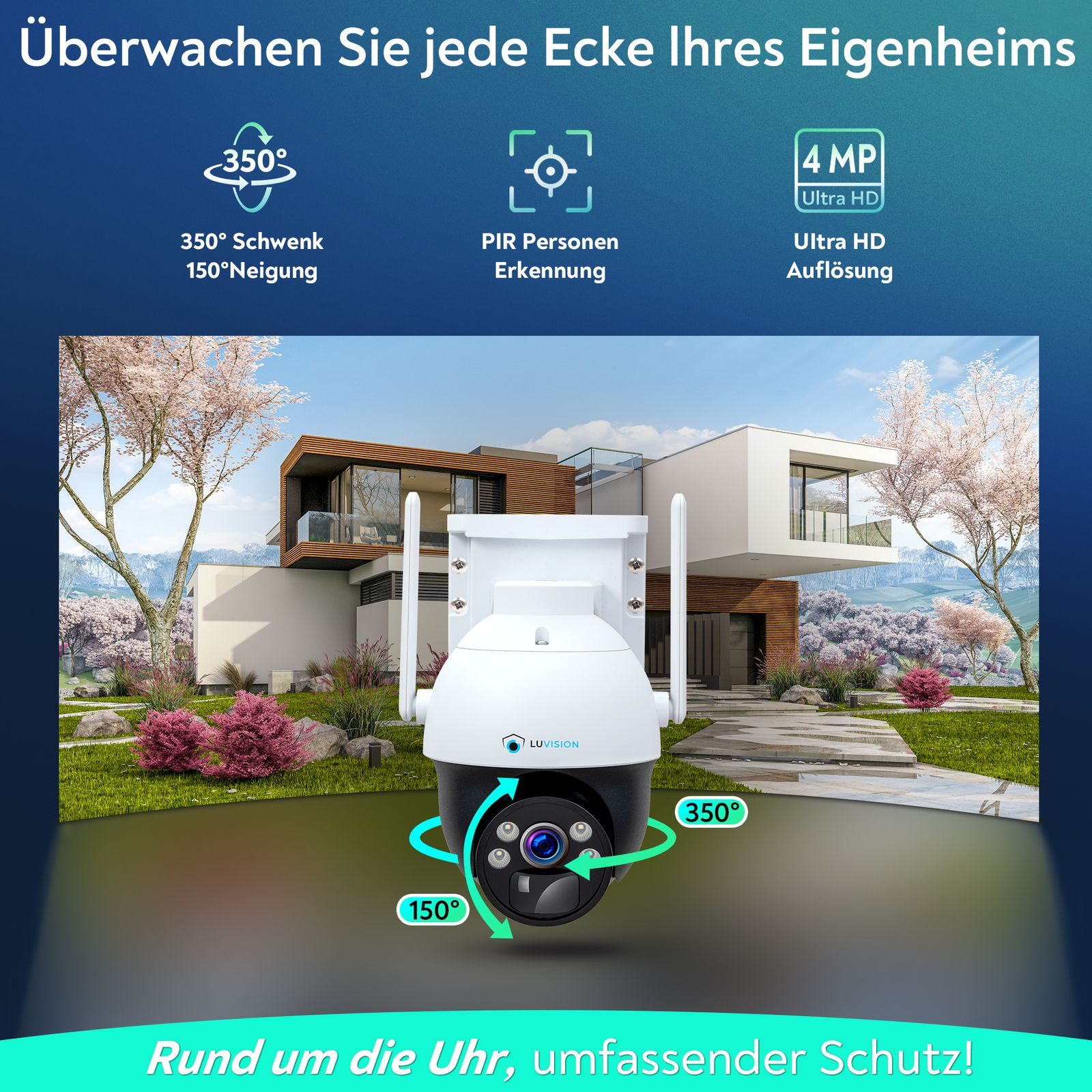 Weiße Sicherheitskamera an einem modernen Haus mit grafischen Beschreibungen. Grün und blau.