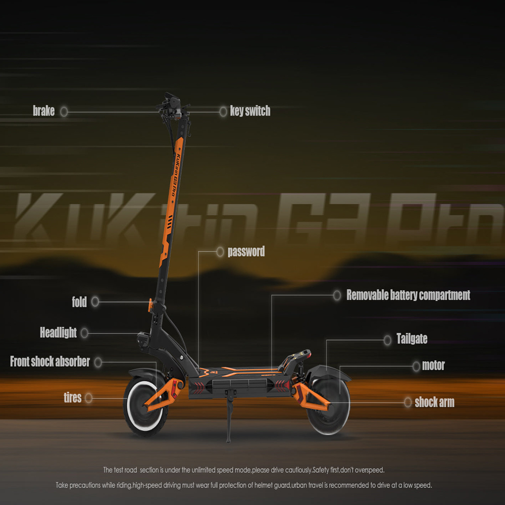 Scooter elettrico con parti etichettate. Nero e arancione. Mostra piega, faro e altri componenti.