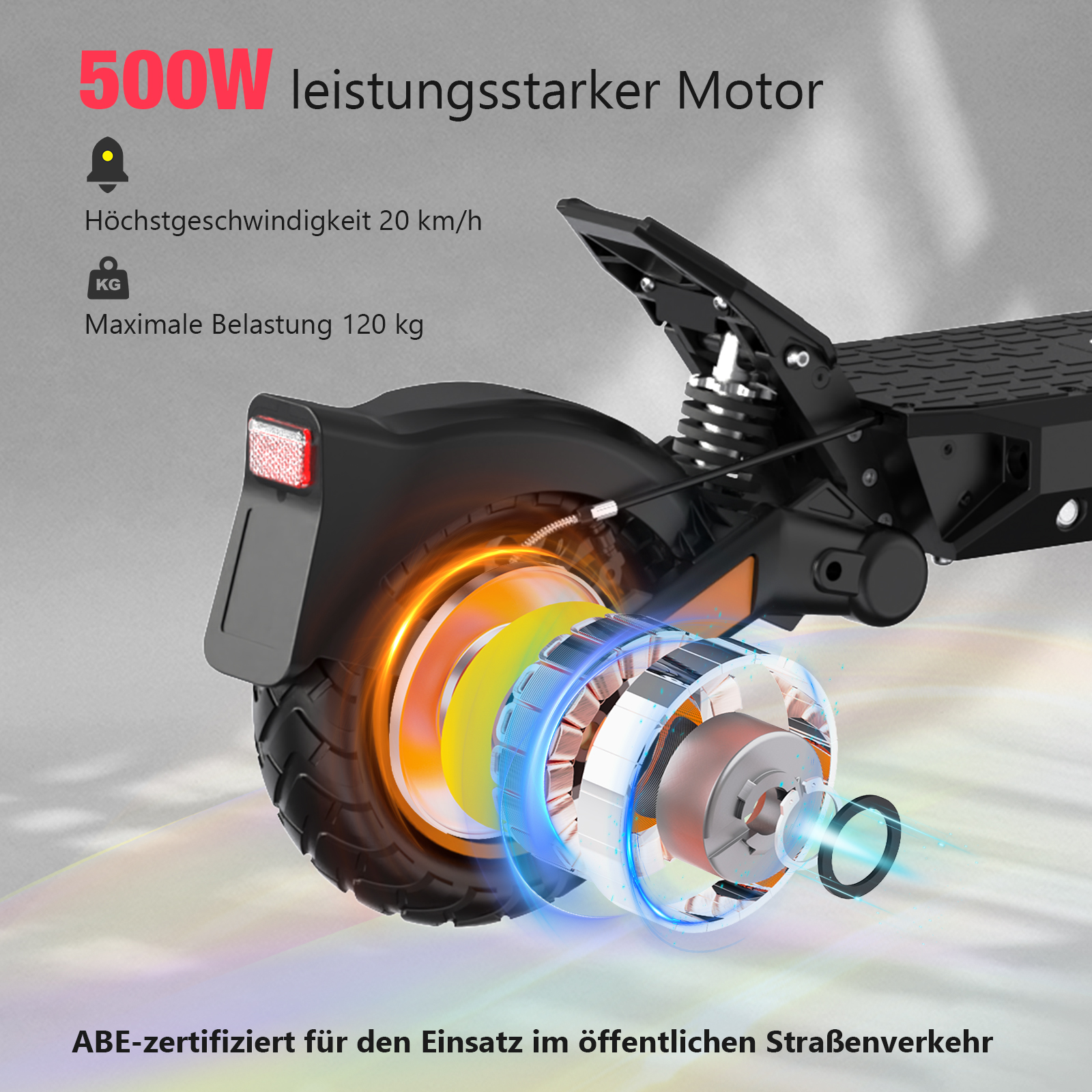 Elektroroller mit starkem Motor und wichtigen Spezifikationen im Hintergrund.