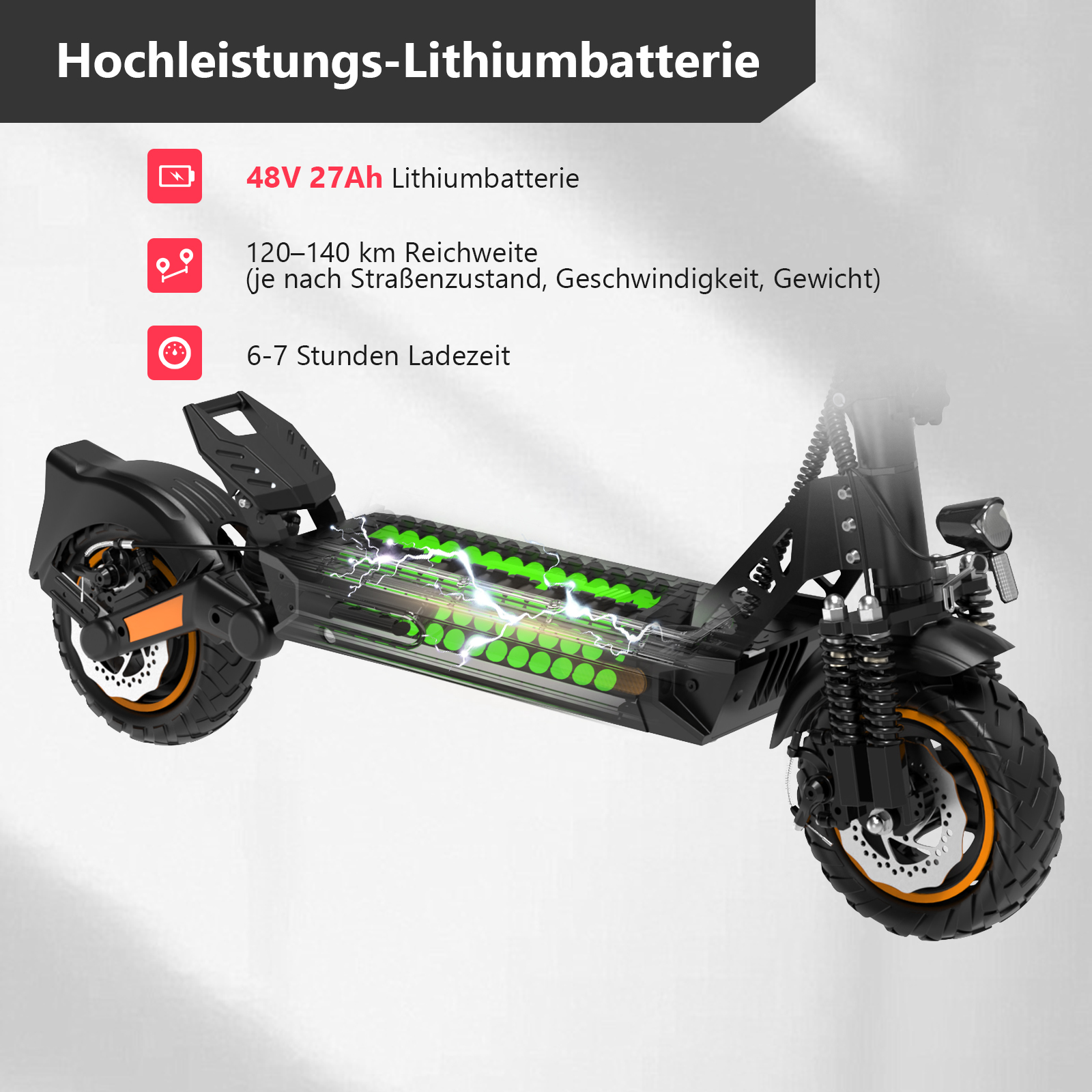 Schwarzer Elektroroller mit grünem Akku. Text zeigt 48V 27Ah Batterie.