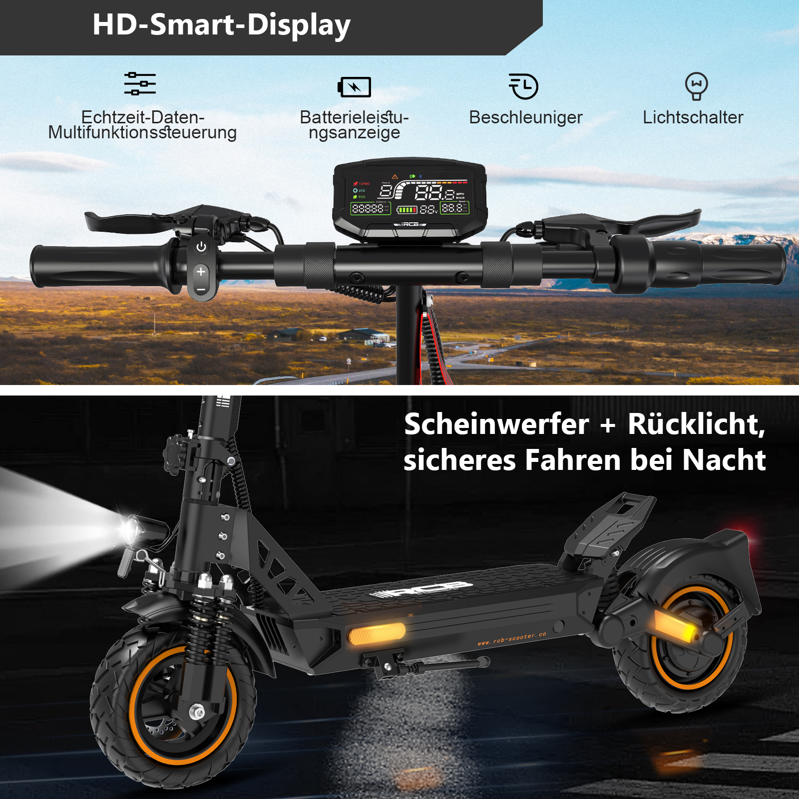 Ein Elektroroller mit Display am Griff. Das Bild zeigt die Vorder- und Rücklichter des Rollers.
