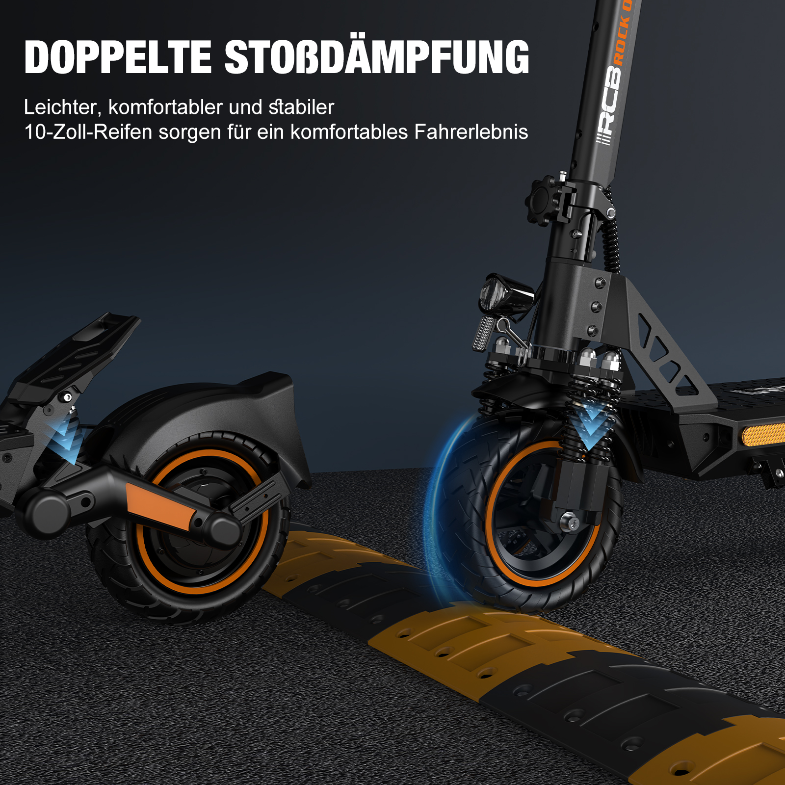 Ein Elektroroller mit Stoßdämpfern, Rädern und einer Fahrbahnschwelle.