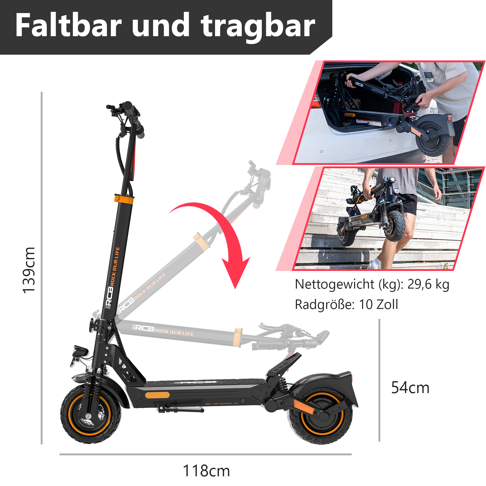 Schwarzer Elektroroller mit orangefarbenen Details. Gefaltet und ungefaltet gezeigt, mit Abmessungen und Gewicht.