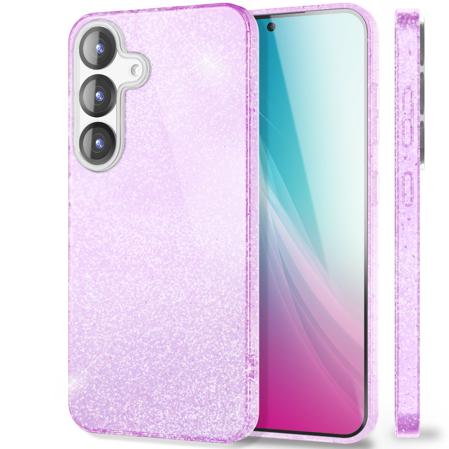 Eine glitzernde lila Handyhülle mit drei Kameralinsen.