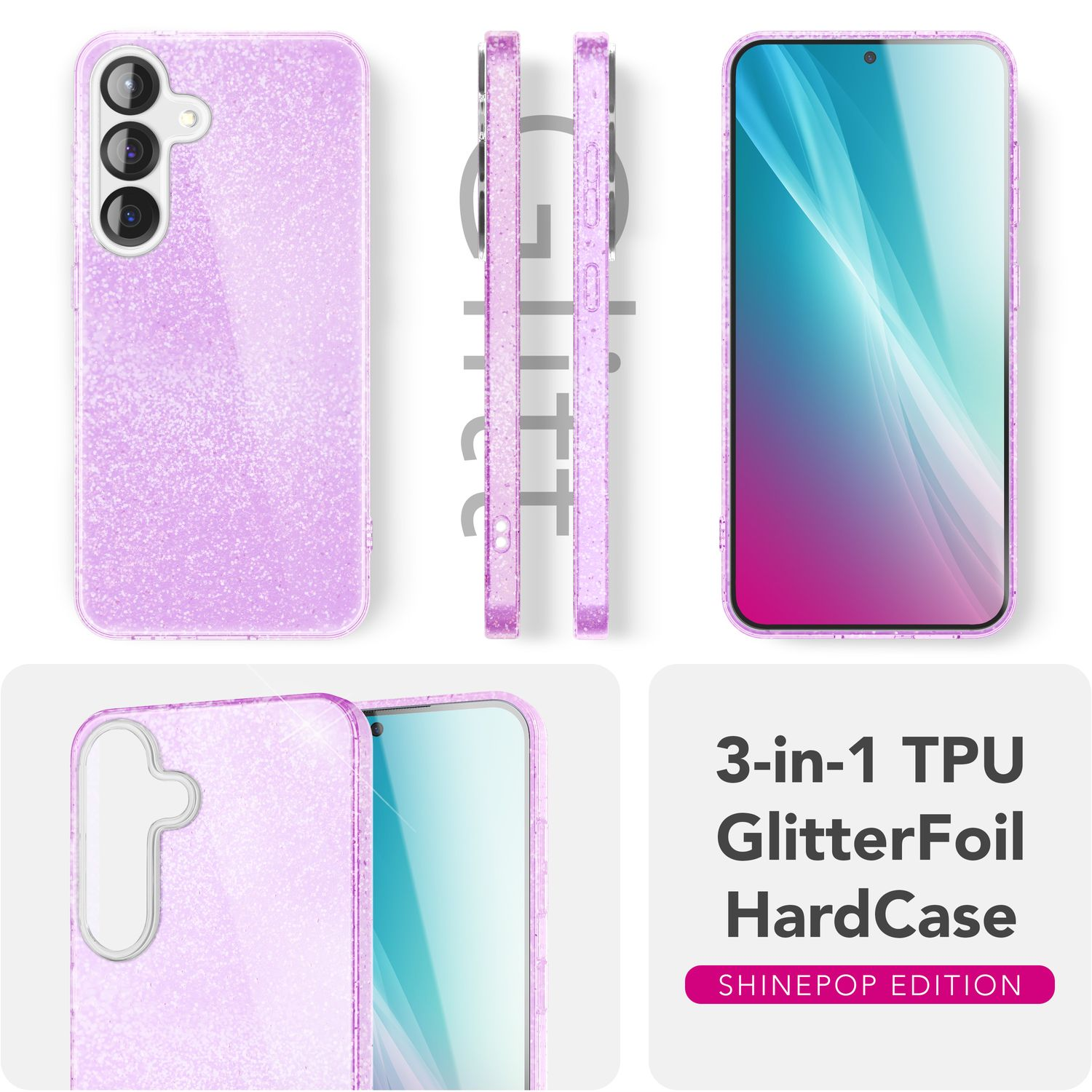 Eine Handyhülle mit Glitzer. Es gibt drei Ansichten der Handyhülle.