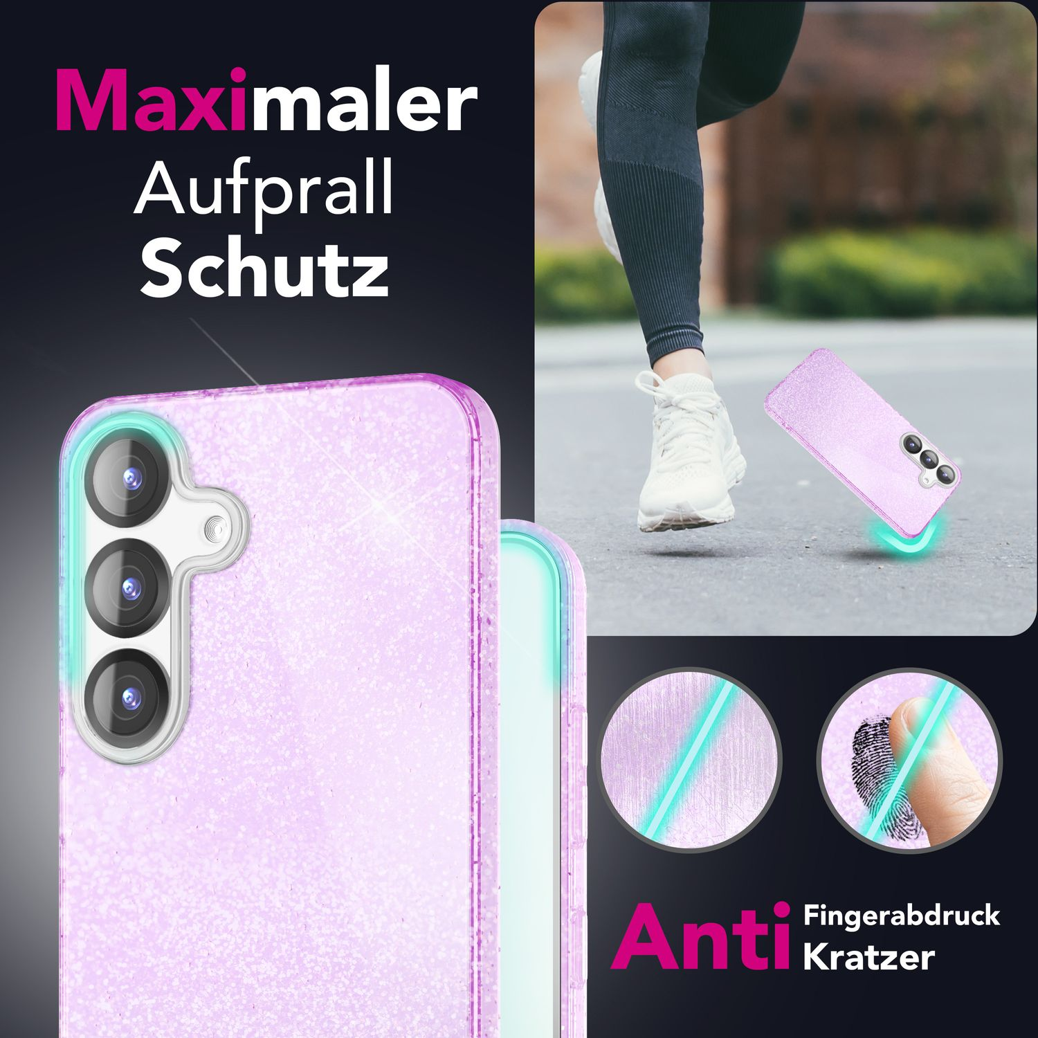 Eine Handyhülle mit funkelndem Design, die Kratz- und Fingerabdruckresistenz hervorhebt.