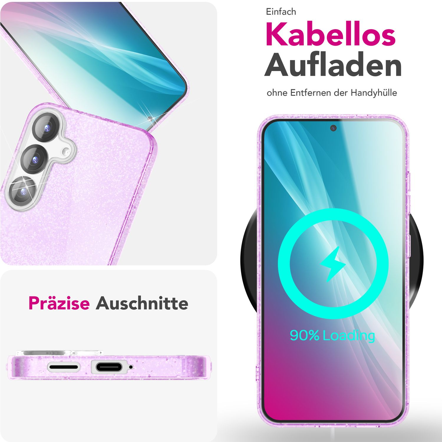 Rosa Handyhülle mit Telefon oben und Ladepad. Text sagt "Kabelloses Aufladen".