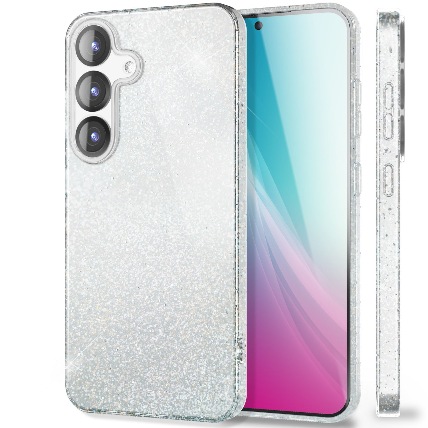 Transparente Glitzer-Handyhülle, 3 Kameras sichtbar. Seitenansicht zeigt die Hüllendicke. Telefon nicht enthalten.