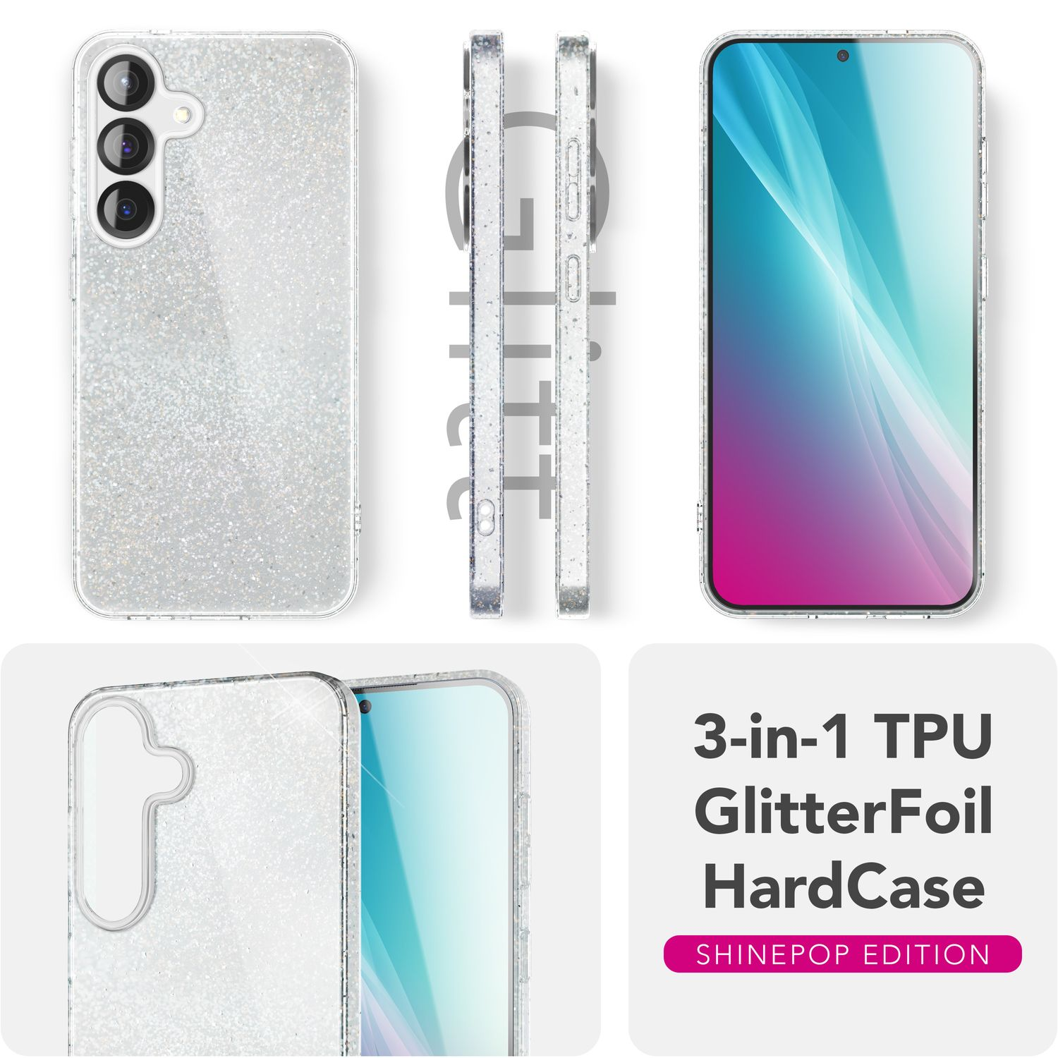 Eine Handyhülle mit Glitzer und einem Telefon, Vorder-, Seiten- und Draufsicht werden angezeigt, weißer Hintergrund.