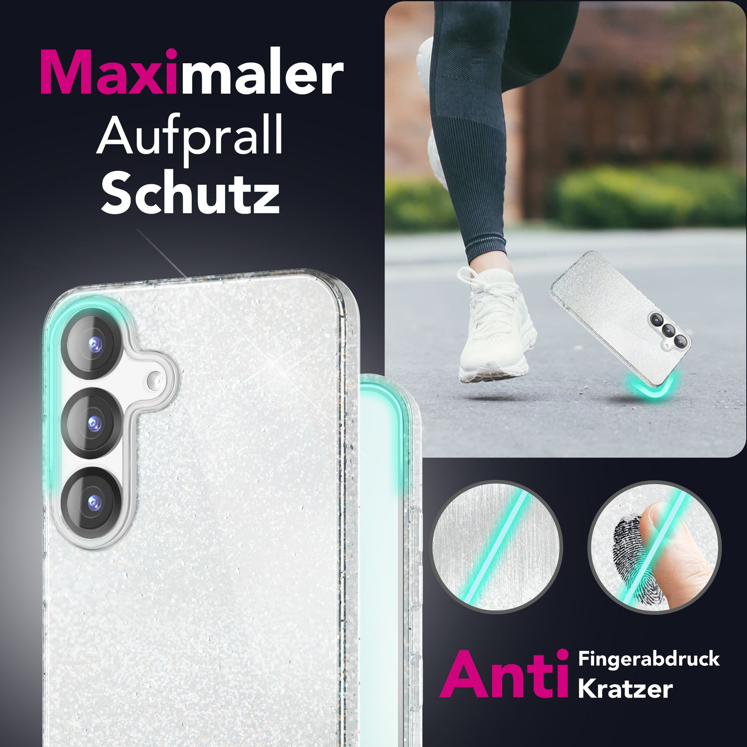 Smartphone-Hülle mit glitzerndem Design, Text und Läufer im Hintergrund.