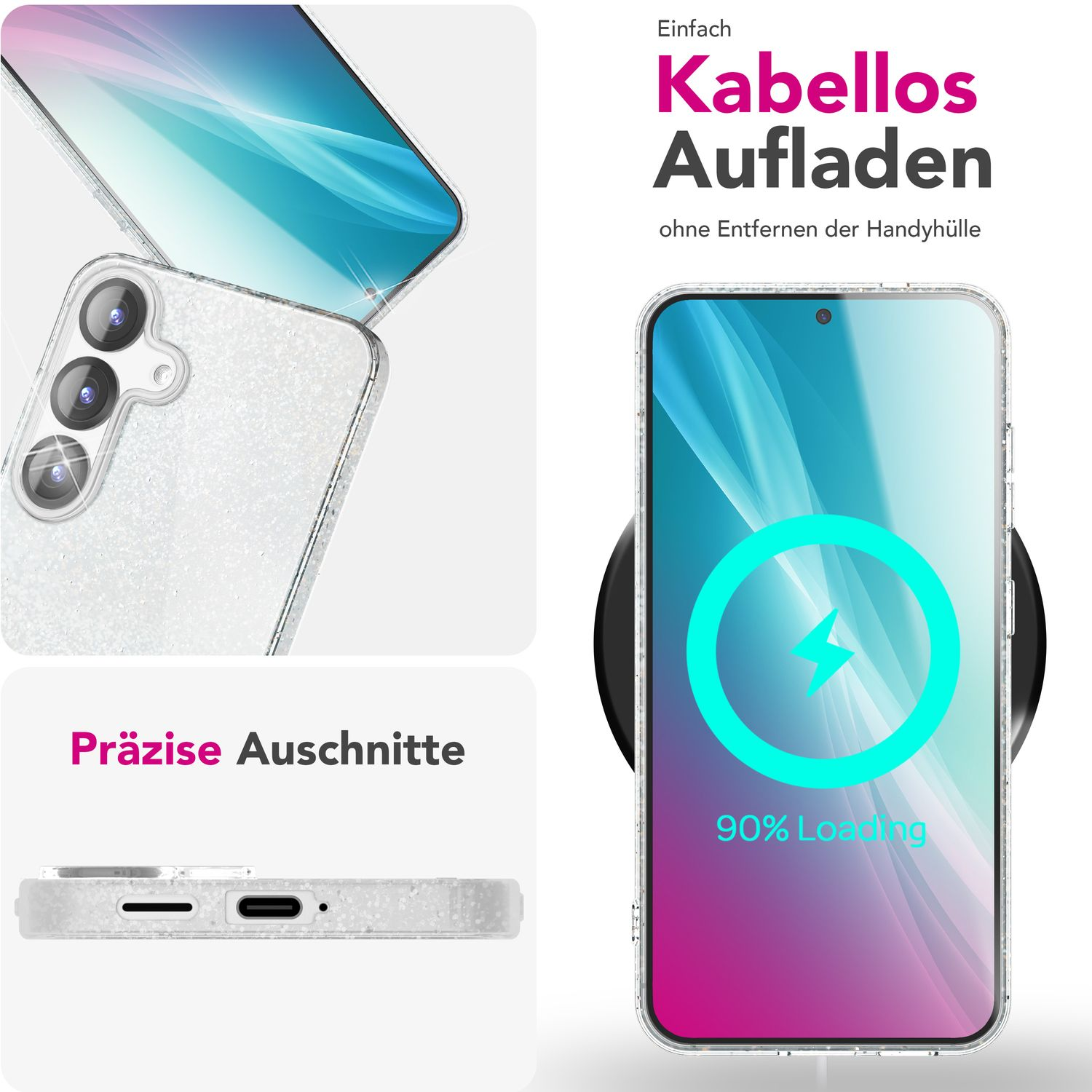 Ein Telefon in einer transparenten Hülle wird aufgeladen. Text: 'Kabelloses Laden'. Telefondetail wird gezeigt.