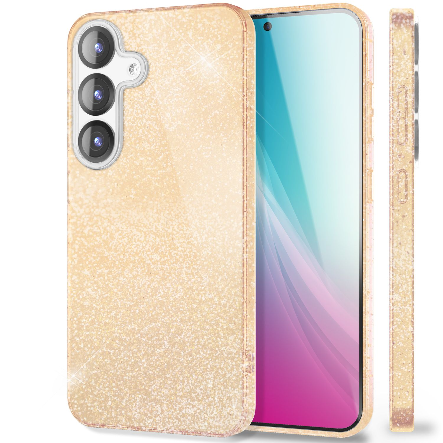 Goldene Glitzer-Handyhülle mit drei Kameras, Displayschutz und Seitenansicht.