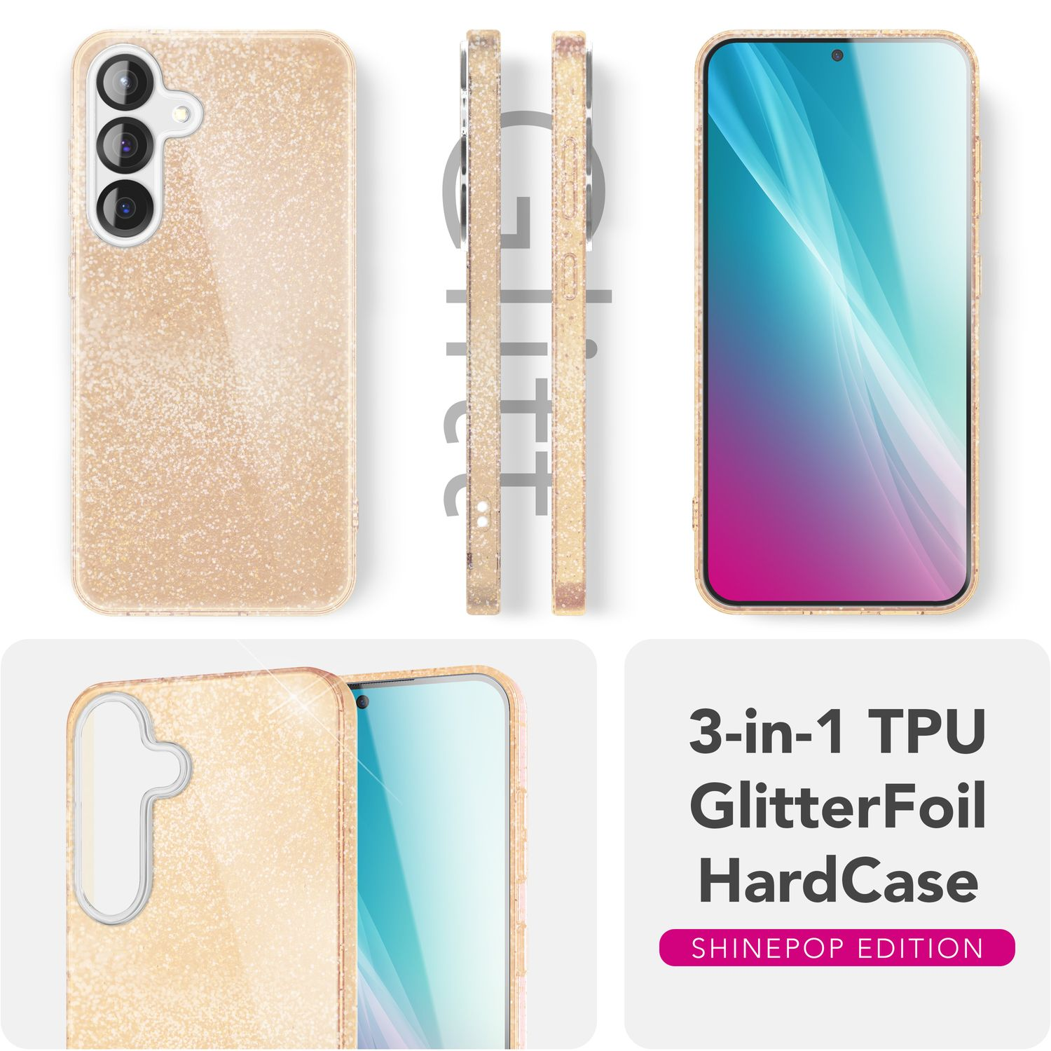 Goldene Glitzer-Handyhülle mit mehreren Ansichten, einschließlich einer Textbeschreibung unten rechts.