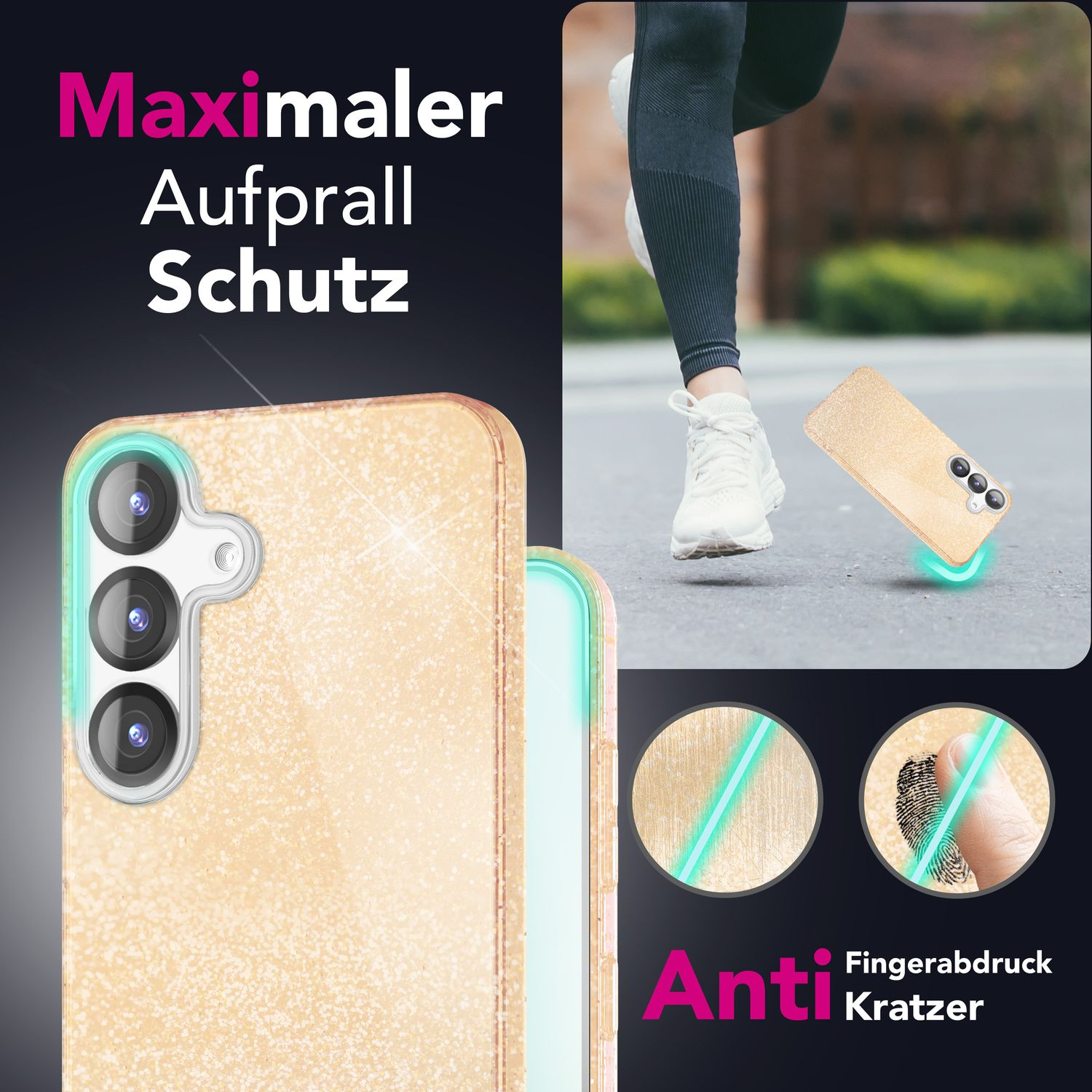 Handyhülle, die die Aufprallschutzfunktion zeigt. Fingerabdruck- und Kratzfestigkeit werden hervorgehoben.
