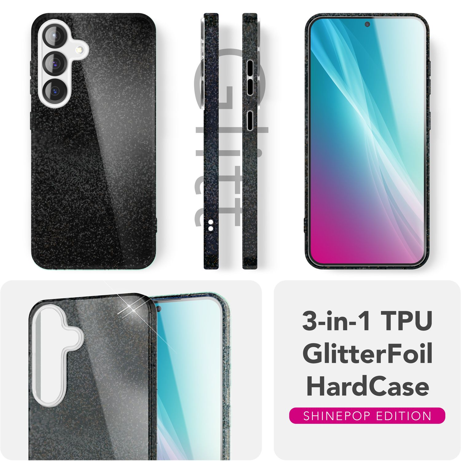 Handyhülle mit Glitzer, drei Winkeln, mit dem Text '3-in-1 TPU GlitterFoil HardCase'.