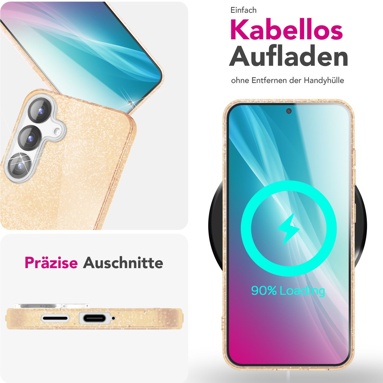 Eine Handyhülle auf einem Telefon, das mit 90 % geladen wird, mit Text, der sagt: präzise Schnitte.