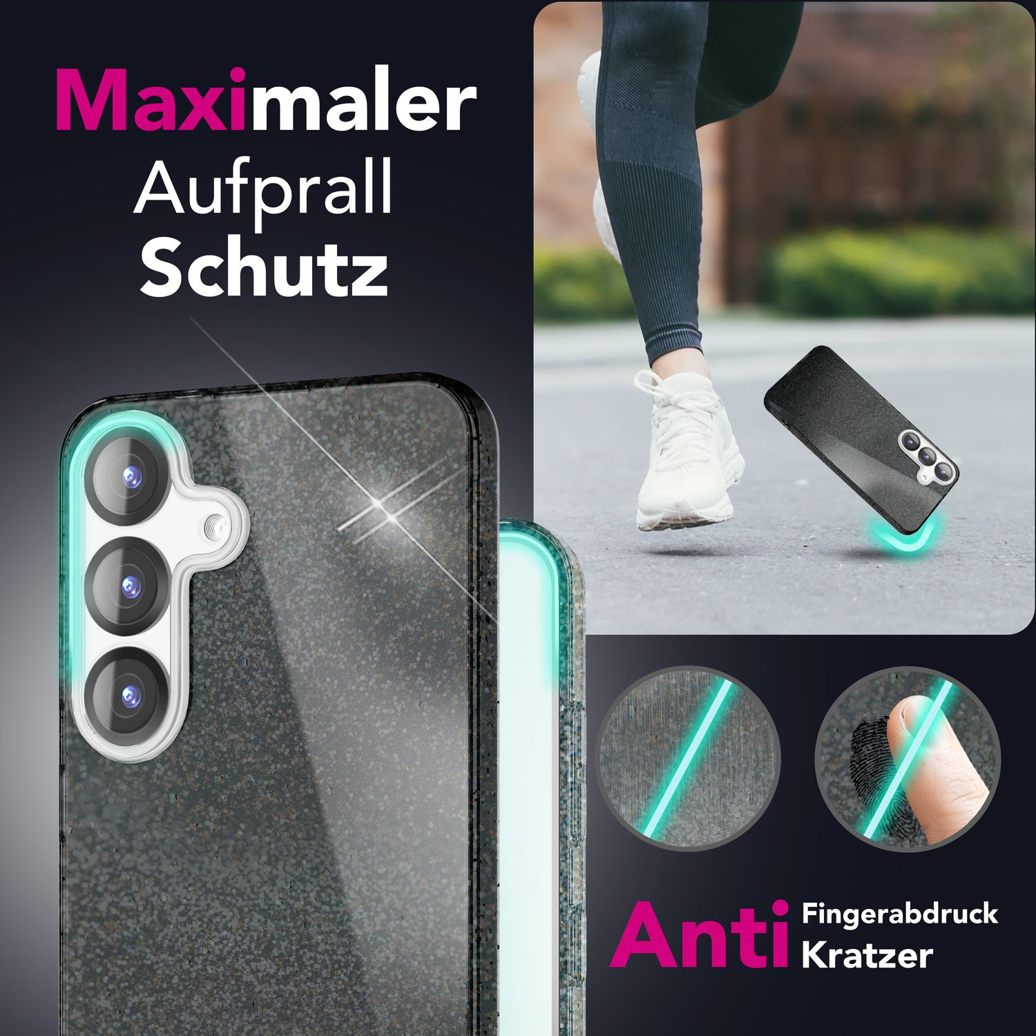 Eine Handyhülle mit Anti-Fingerabdruck- und Anti-Kratz-Funktionen. Schwarze Handyhülle mit Person im Hintergrund.