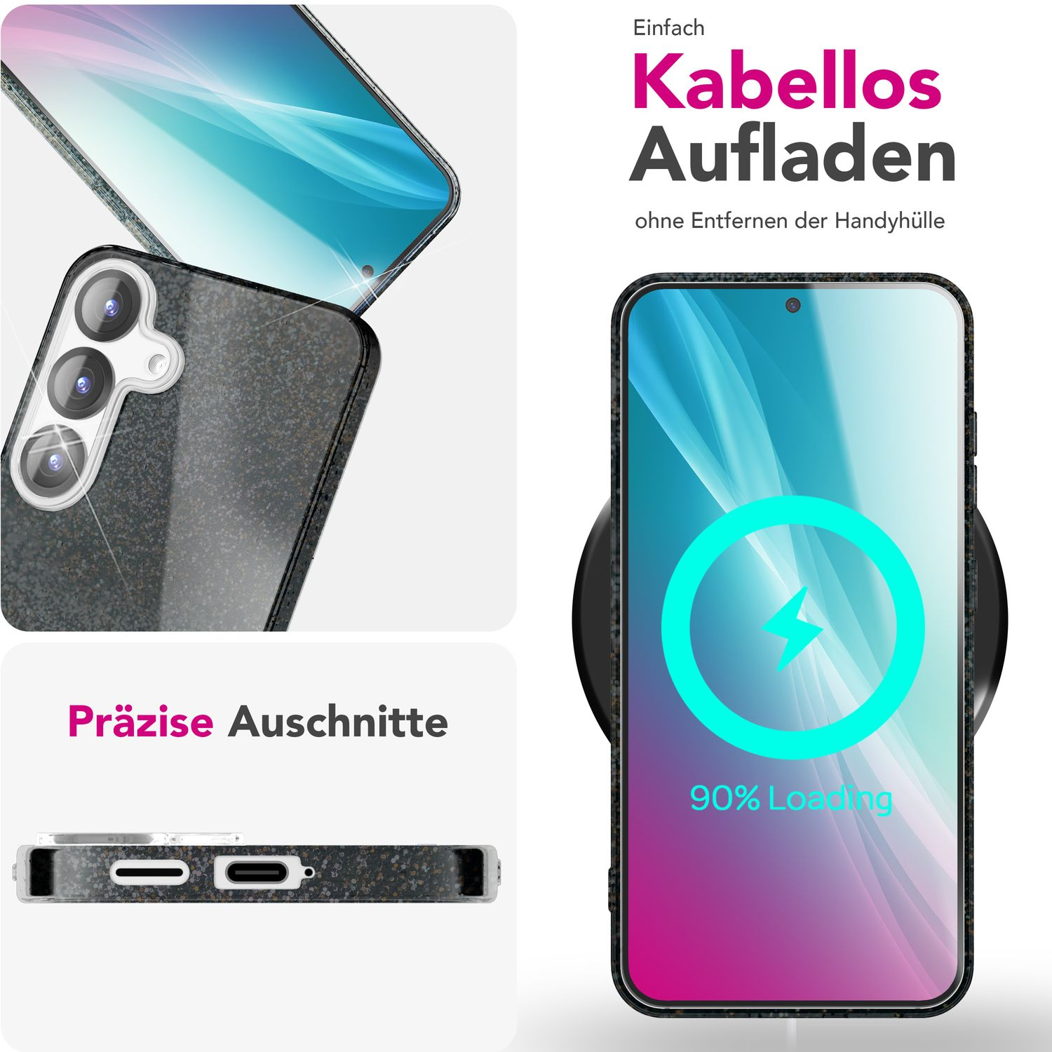 Schwarze Handyhülle mit Handy, zeigt kabelloses Laden. Nahaufnahme der Hülle.