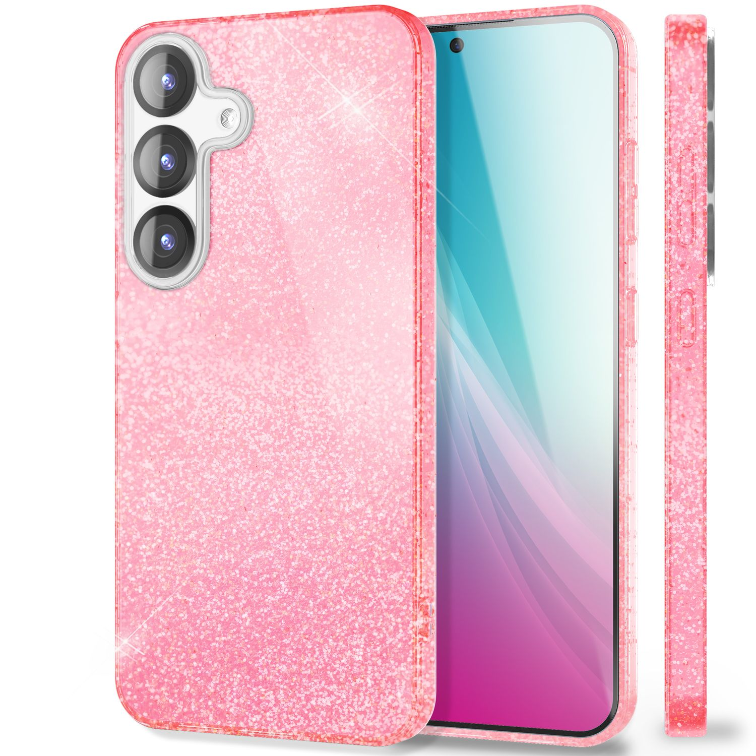 Eine pinkfarbene, glitzernde Handyhülle. Sie hat Aussparungen für Kameras und Knöpfe. Es werden drei Ansichten gezeigt.
