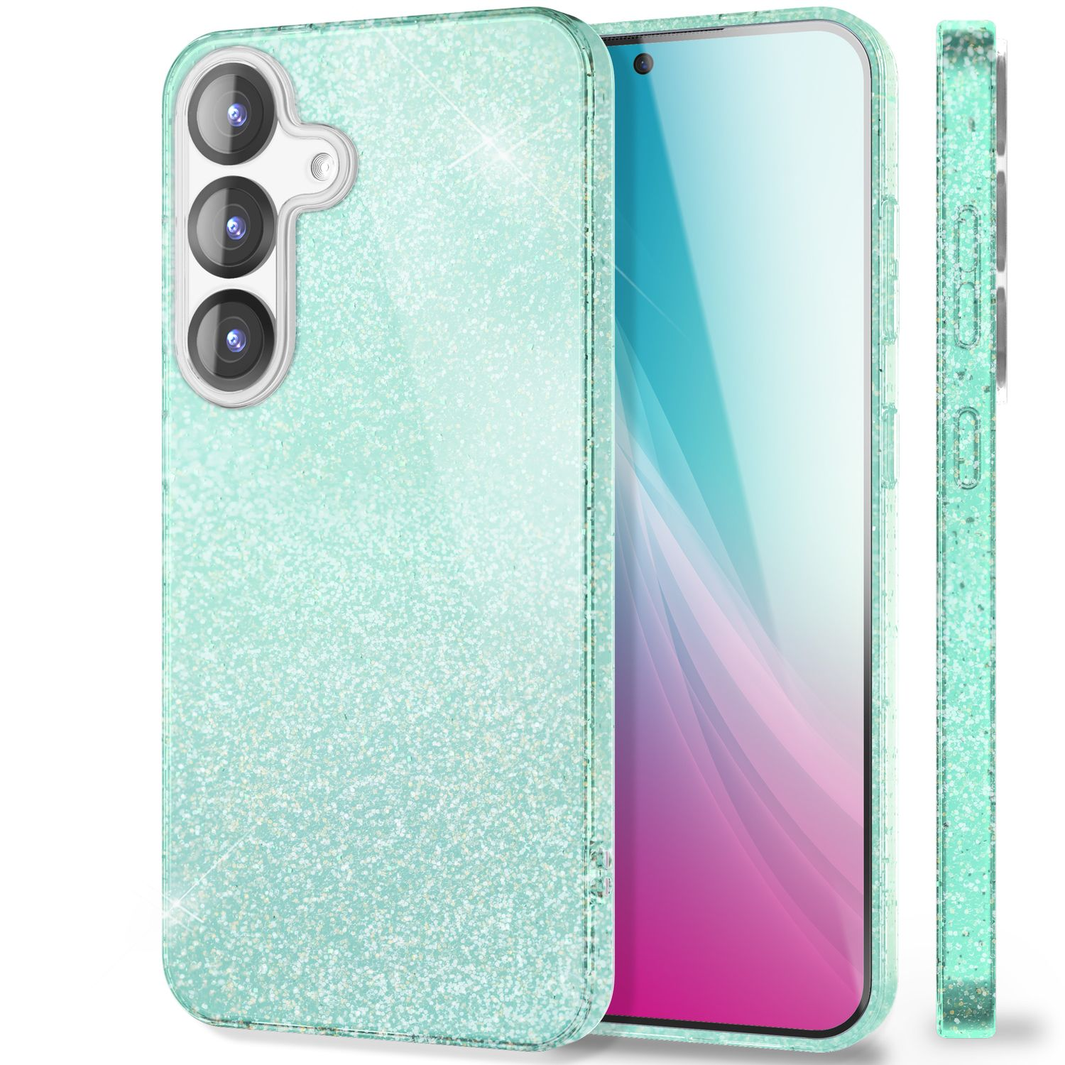 Glitzernde mintfarbene Handyhülle mit Dreifachkamera und Telefon. Die Hülle ist links.