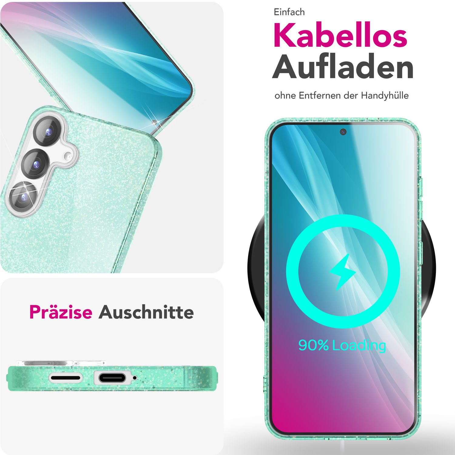 Minzgrüne Handyhülle, kabelloses Ladegerät, Telefon lädt, weißer Hintergrund.