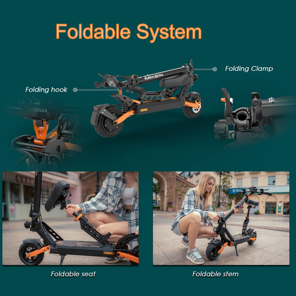 Un patinete eléctrico se muestra plegado y desplegado, con imágenes de sus mecanismos de plegado.