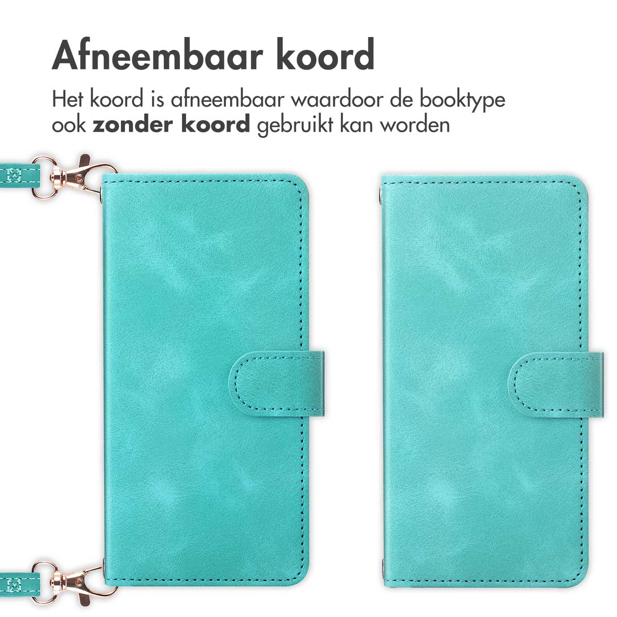 Twee teal telefoonhoesjes, een met een riem, de andere standalone, beide met een sluiting.