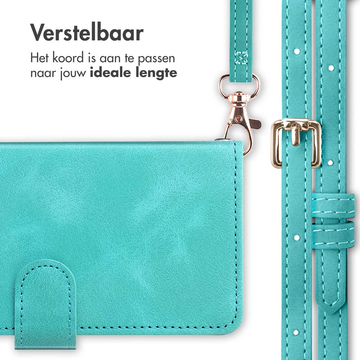 Teal telefoonhoes met een bandje, sluiting en verstelbare banddetails, die veelzijdigheid toont.