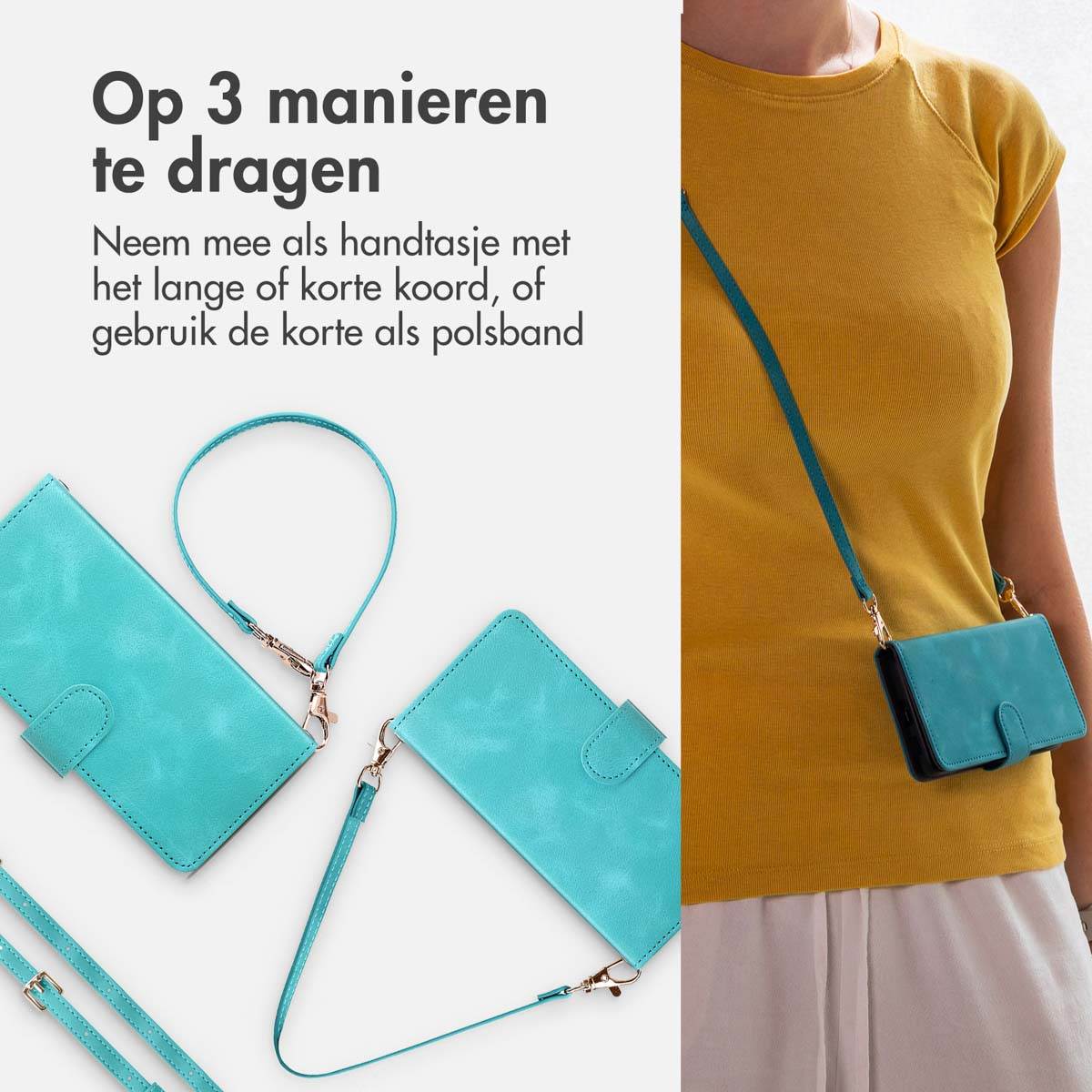 Vrouw met een gele shirt met een turquoise tas en meerdere turquoise telefoonhoesjes.