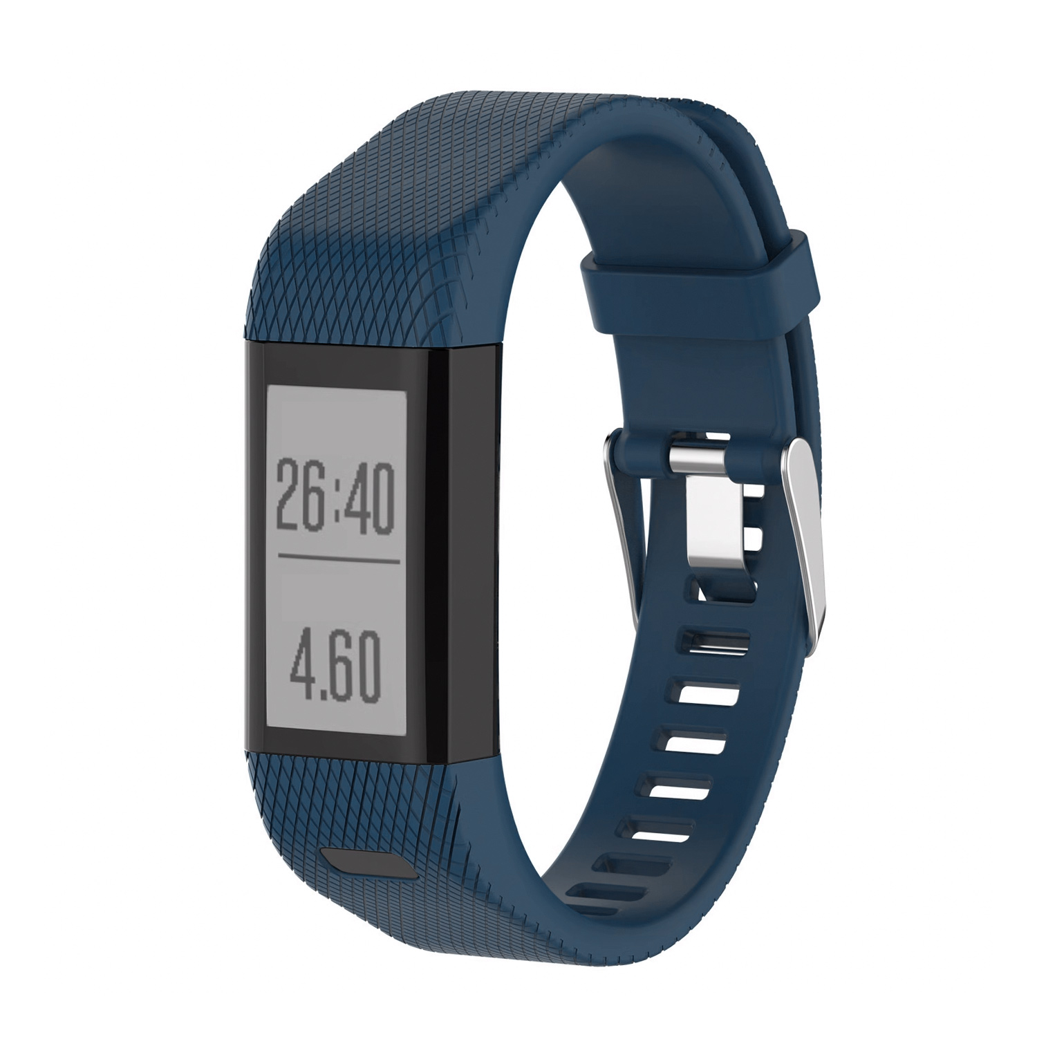 Ein dunkelblauer Fitnesstracker mit schwarzem Display, das Zeit und Distanz anzeigt, mit blauem Armband.